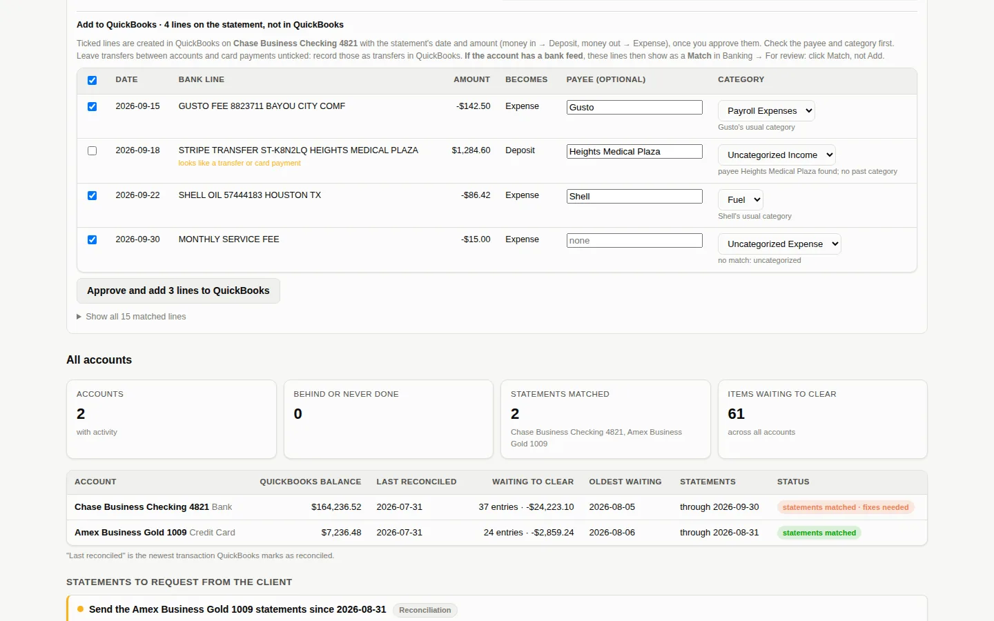 Statement lines found on the bank statement but not in QuickBooks, each with a suggested entry